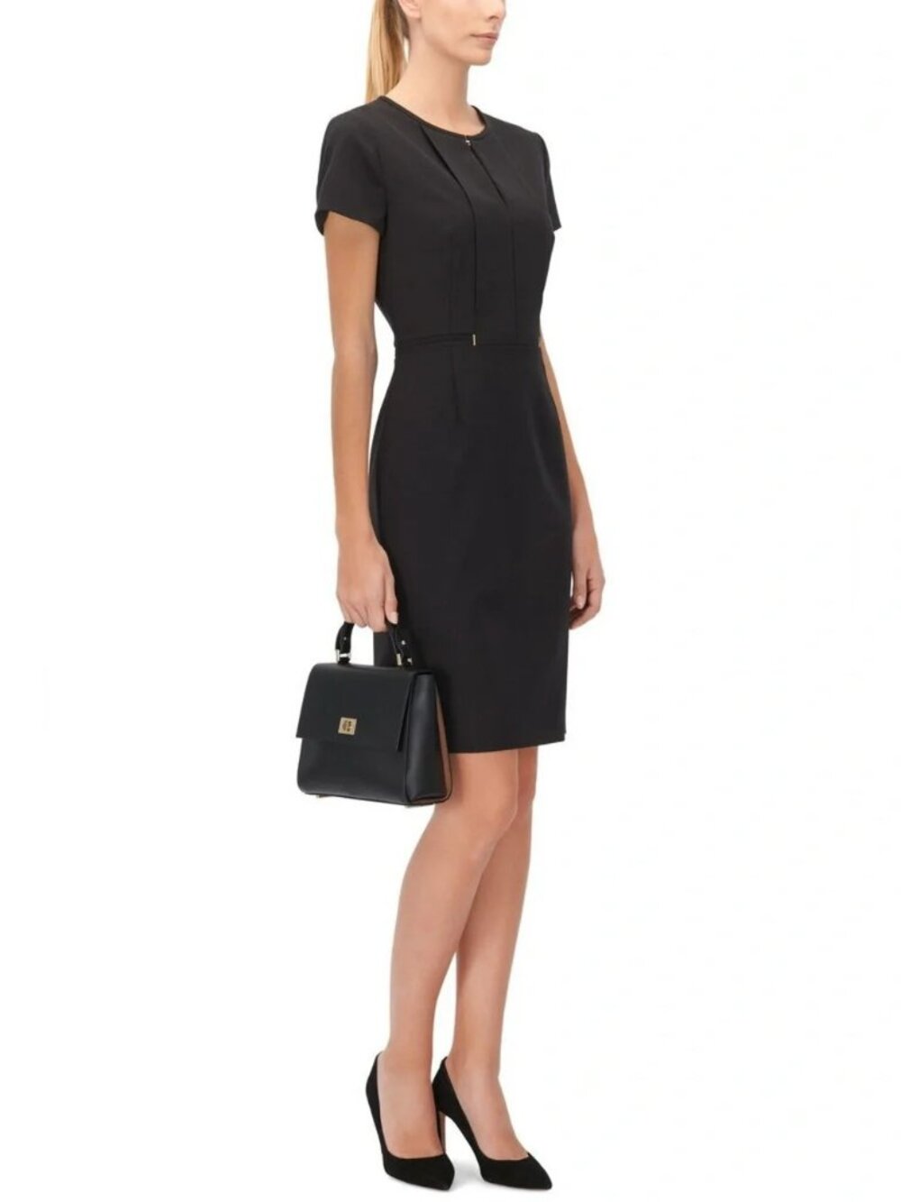 NWT HUGO BOSS DIMONDI Black Virgin Wool Dess With Gold Accents.  SZ 38